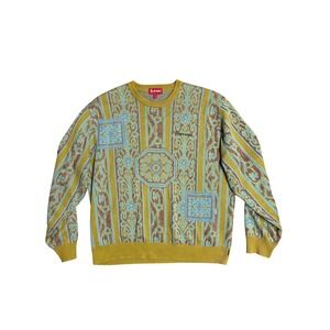Supreme Tapestry Knit Sweater Mustard Yellow Blue Mens Large L Crewneck